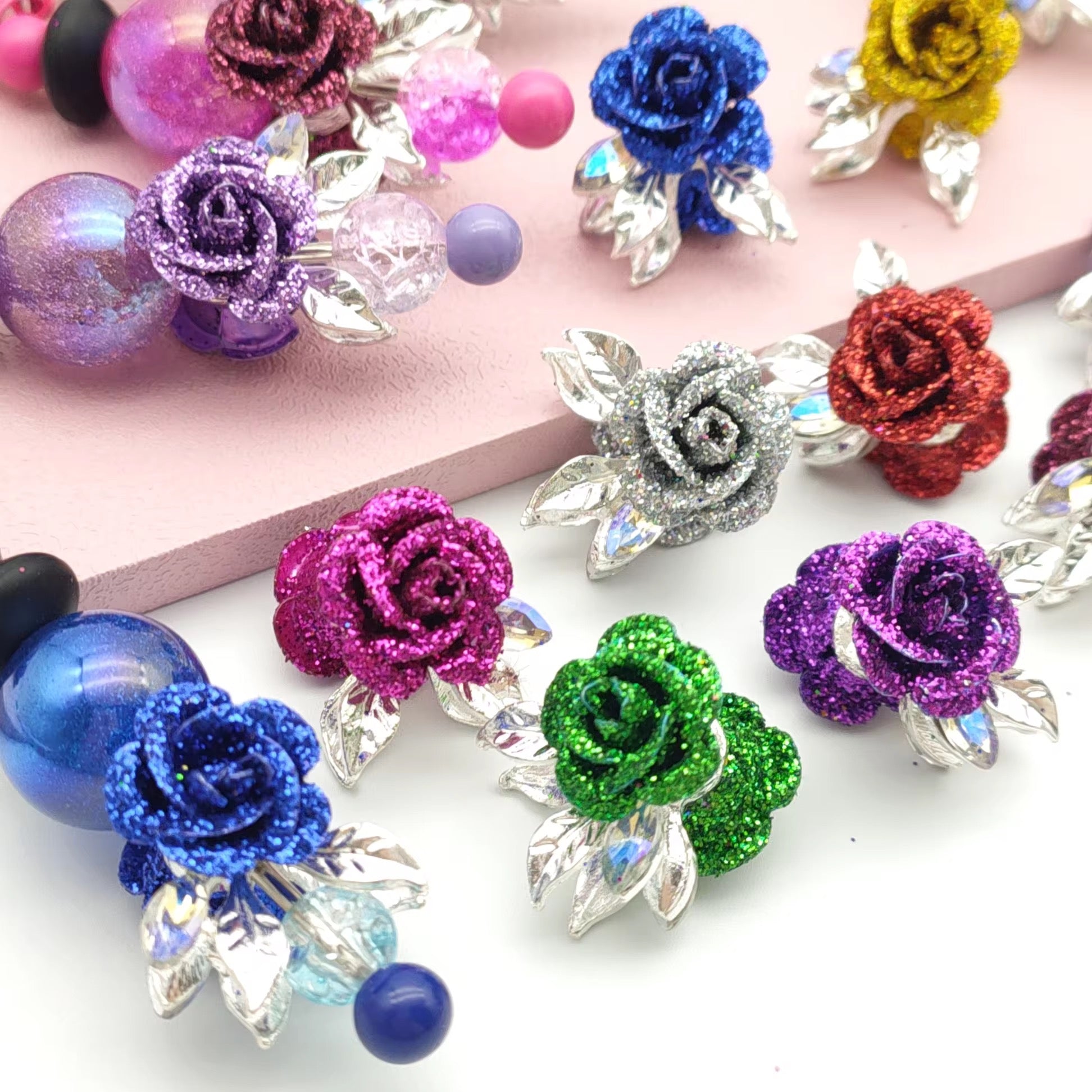 Alloy Glitter Rose Beads (5 pcs)-U15