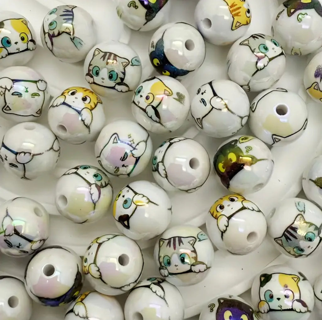 16mm Cute Cat Print Beads Mix-F9