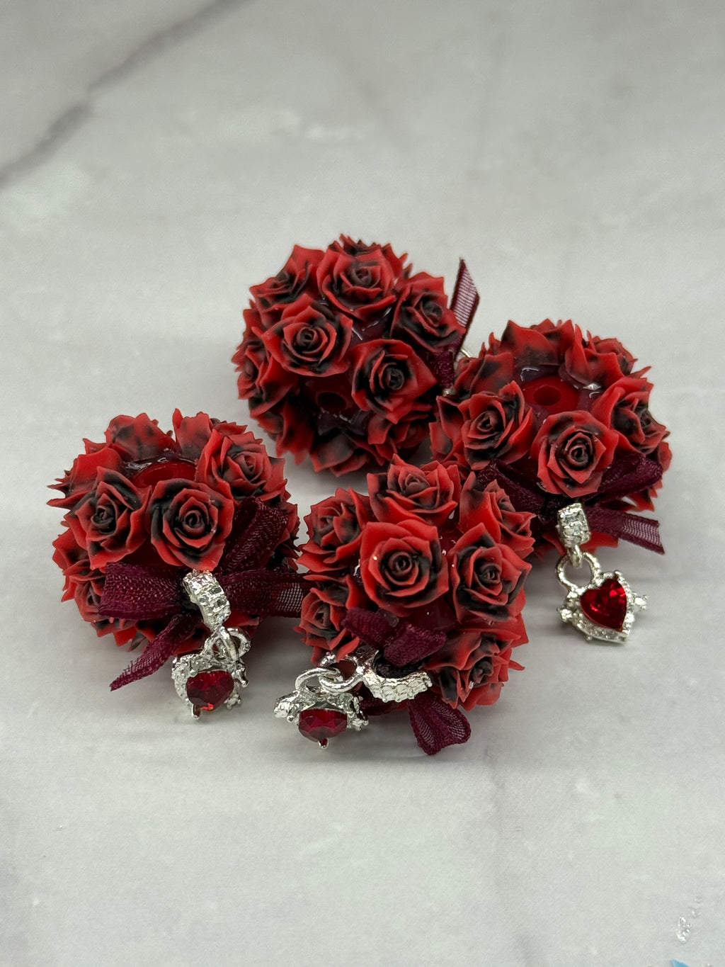 Fancy Rose Beads with Rhinestone Dangle Heart