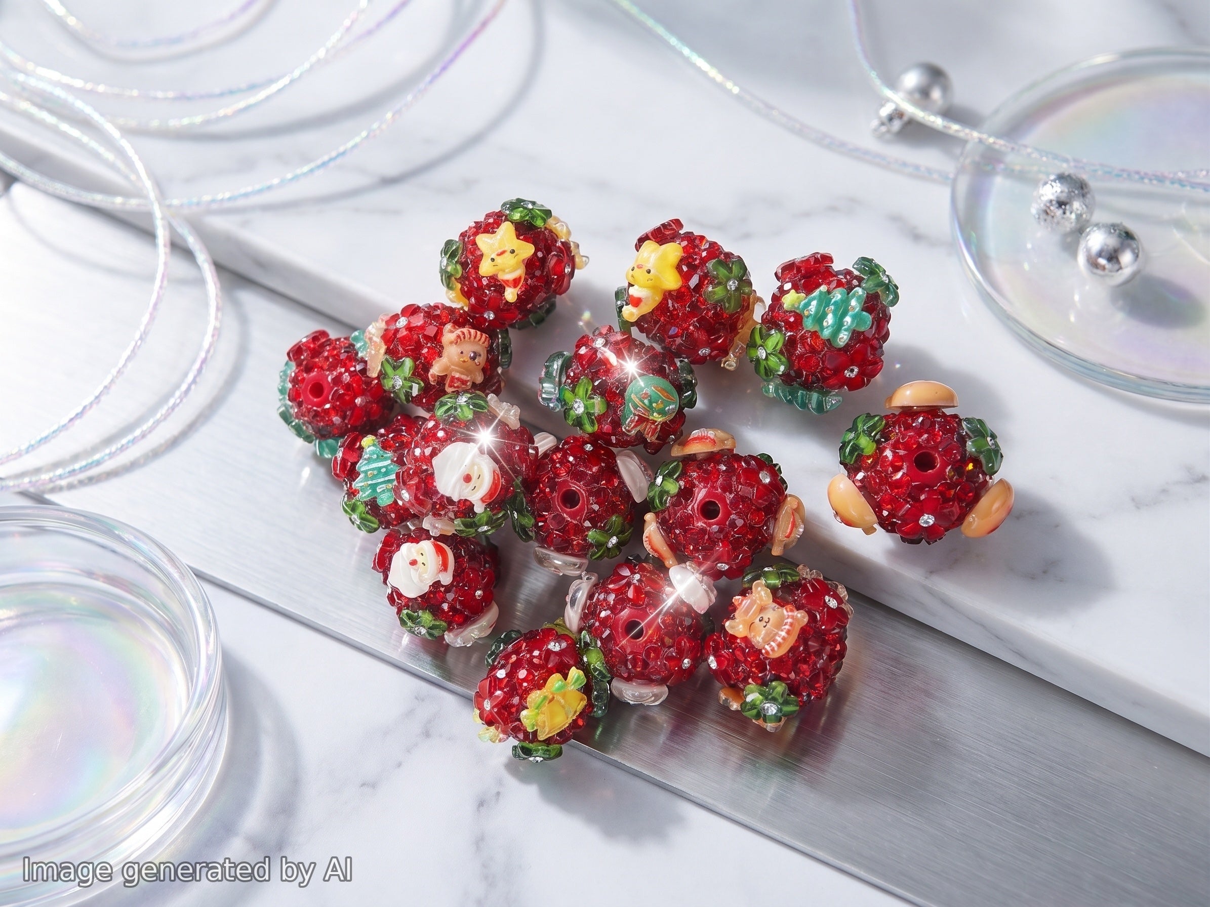 18mm  Red Rhinestone Christmas Fancy Beads (5pcs)