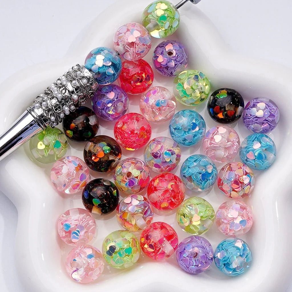 16mm UV Coating Multi-Color Shiny Heart Flakes Inside Round Acrylic Beads-A1