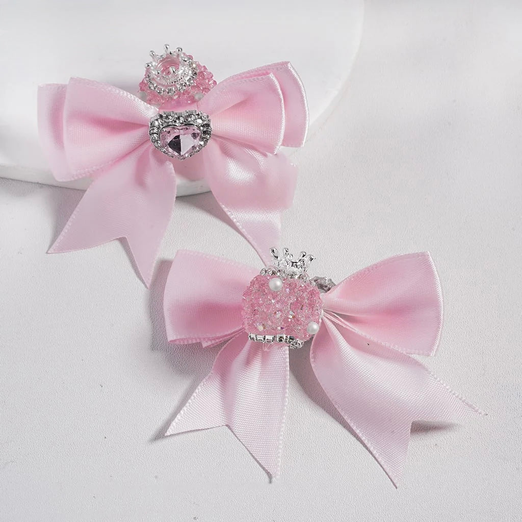 Large Fabric Bowtie with Heart Shape Shiny Rhinestones White Pearls Silver Alloy Crown Acrylic Beads