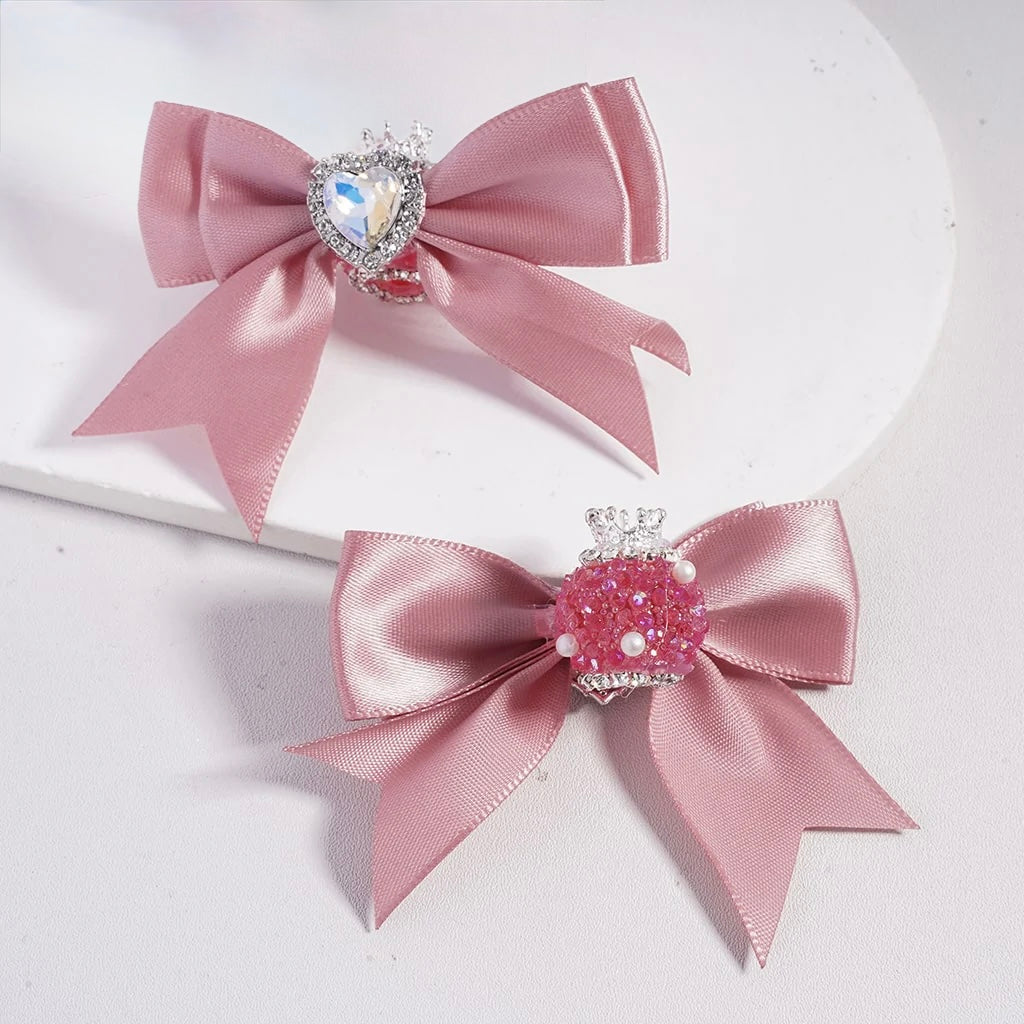 Large Fabric Bowtie with Heart Shape Shiny Rhinestones White Pearls Silver Alloy Crown Acrylic Beads