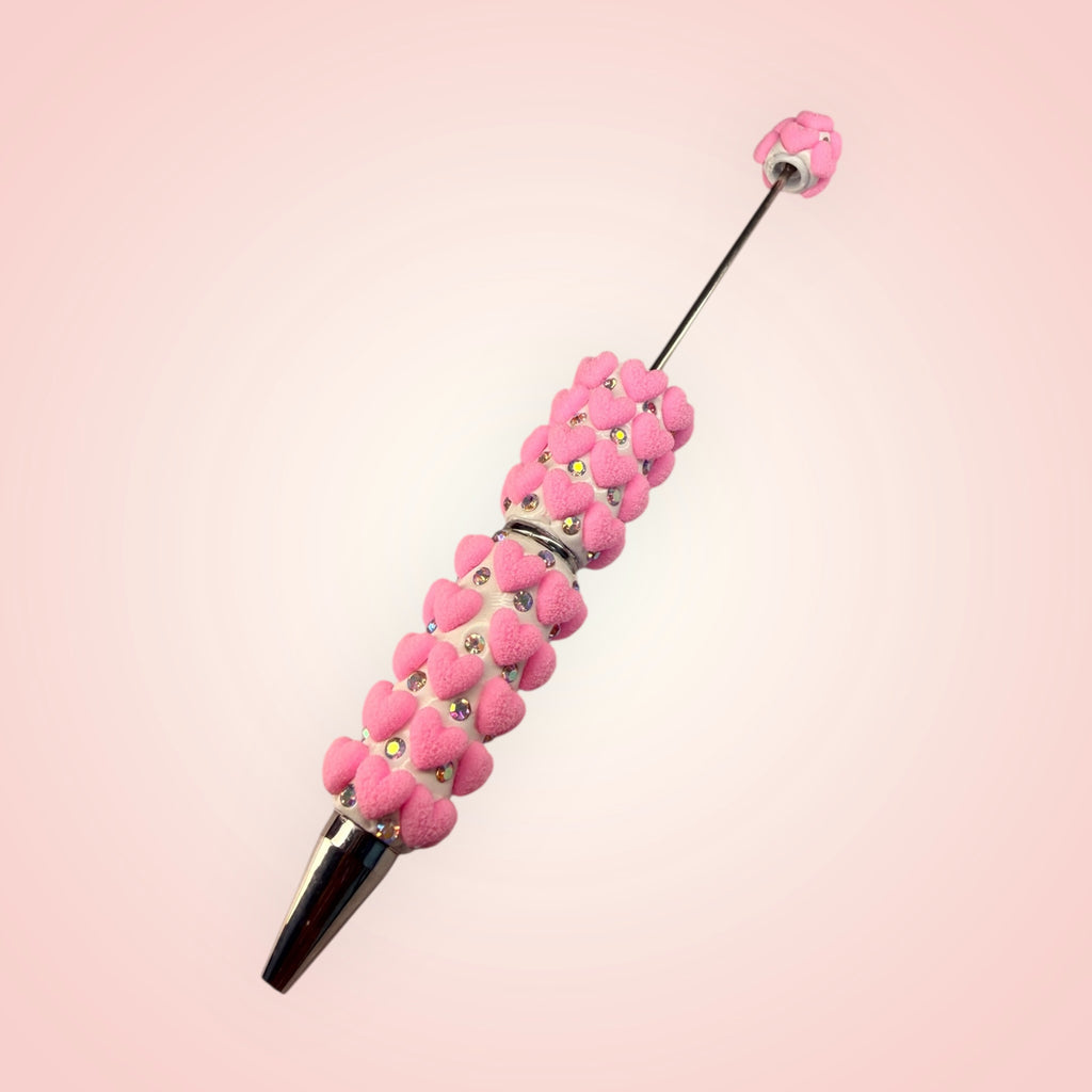 Beadable Clay Pen with Grainy Red Hearts & AB Rhinestones Valentine's Day Love Theme