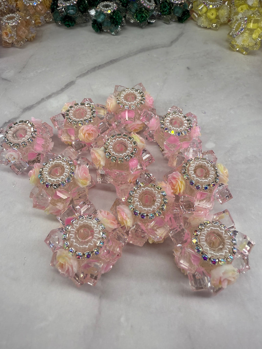 Crystal Cubes with Rhinestone and Flowers Beads