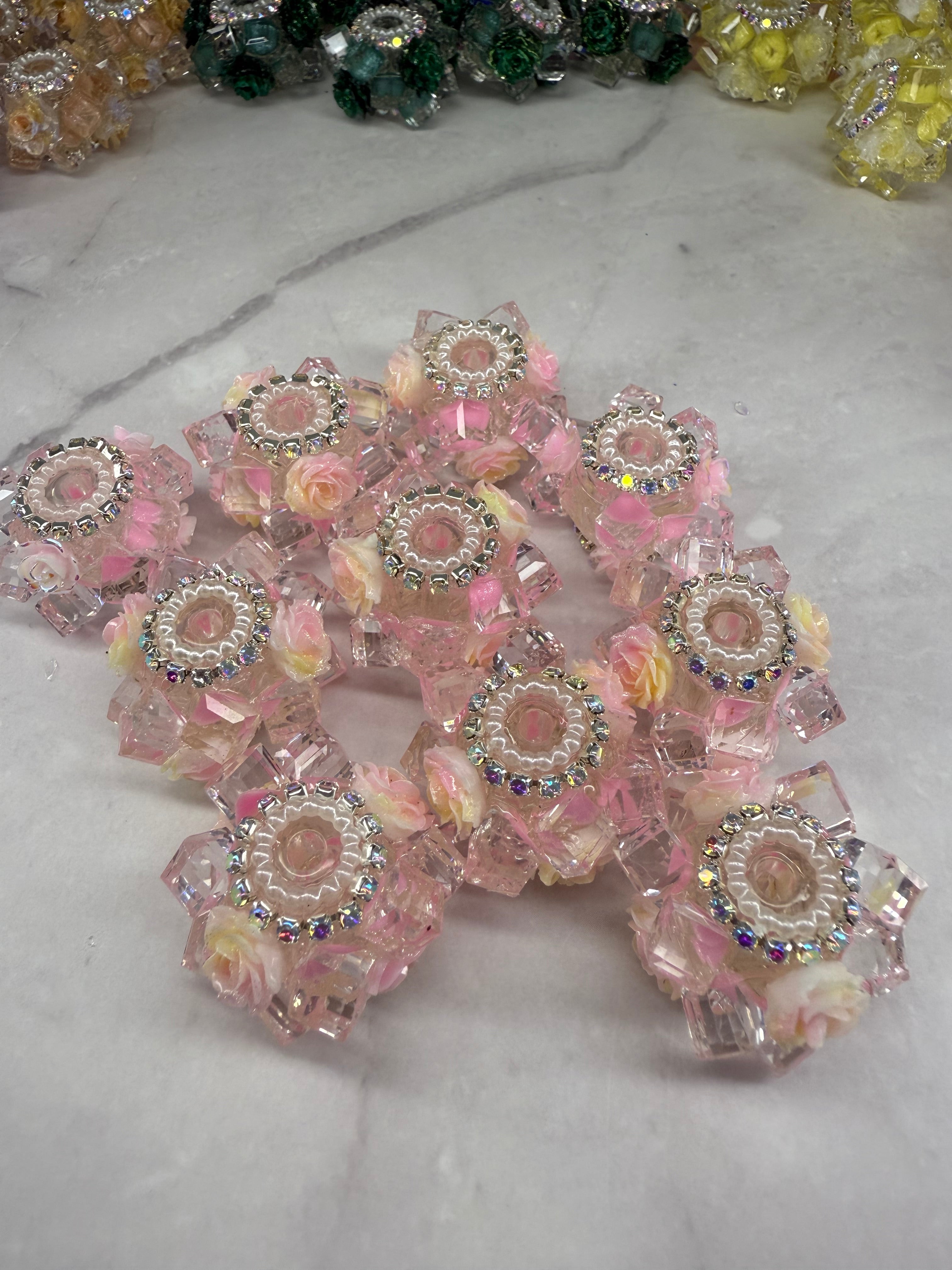 Crystal Cubes with Rhinestone and Flowers Beads