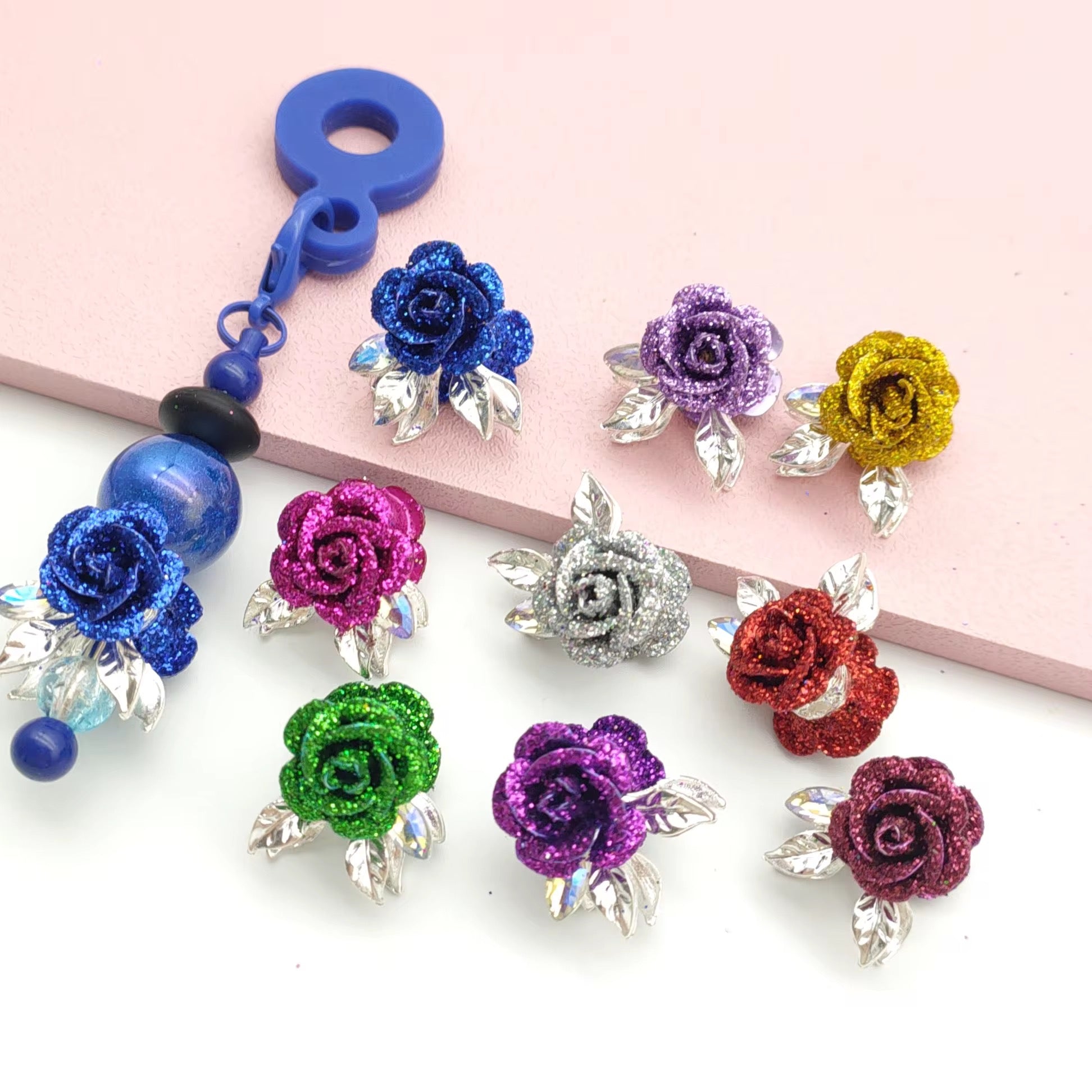 Alloy Glitter Rose Beads (5 pcs)-U15