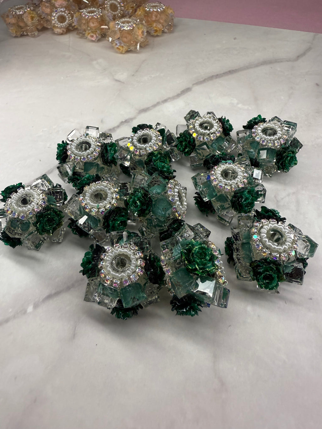 Crystal Cubes with Rhinestone and Flowers Beads