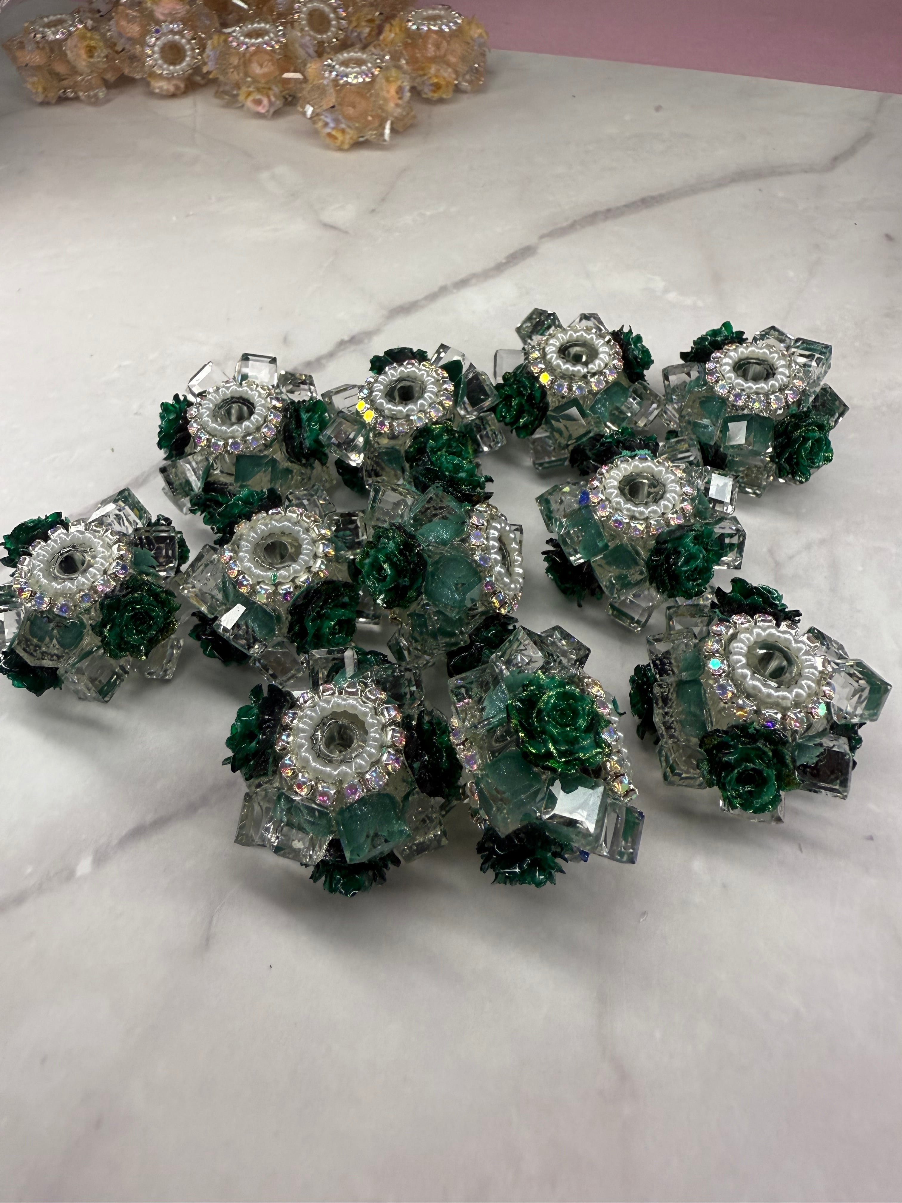 Crystal Cubes with Rhinestone and Flowers Beads