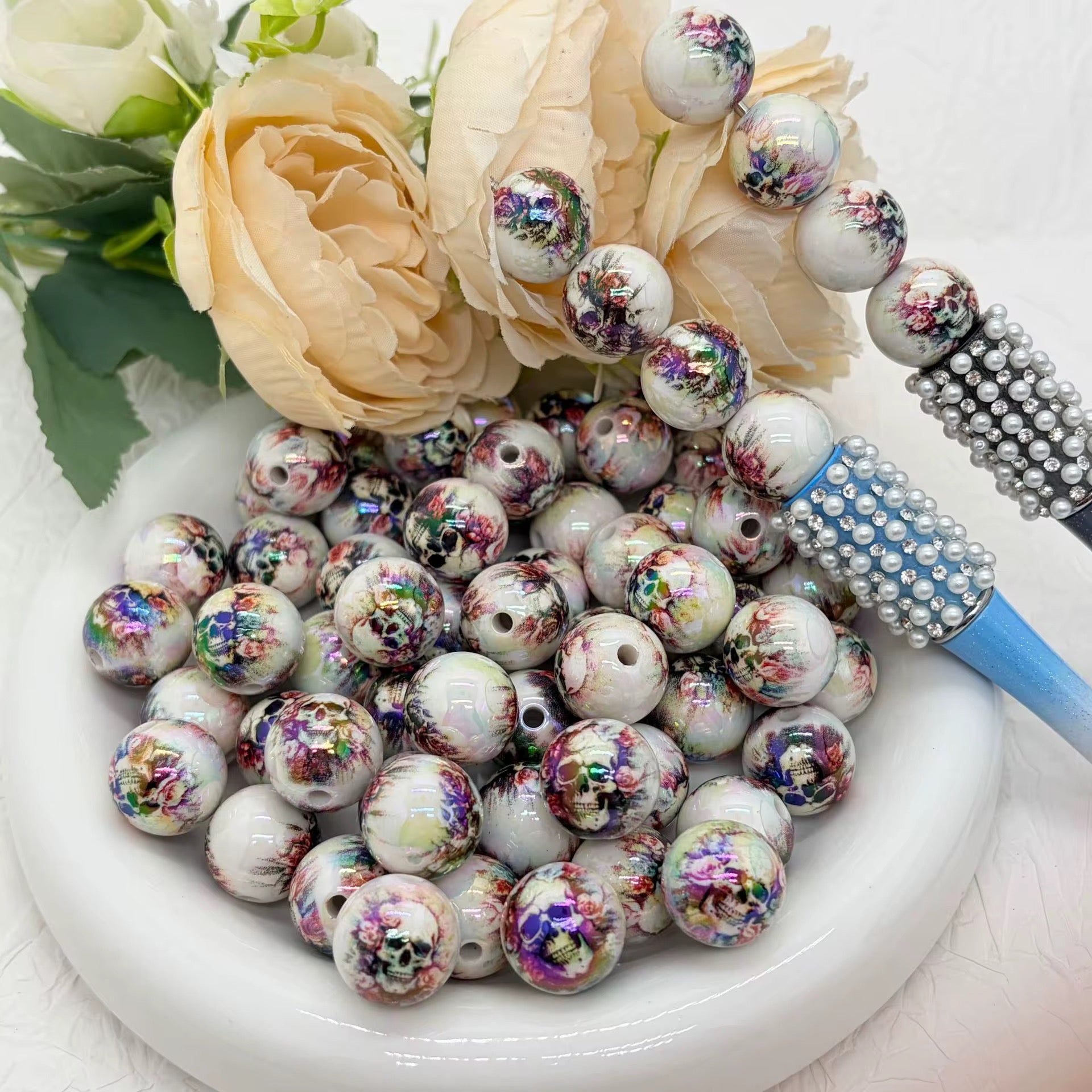 16mm Skullface and Roses Beads-H18