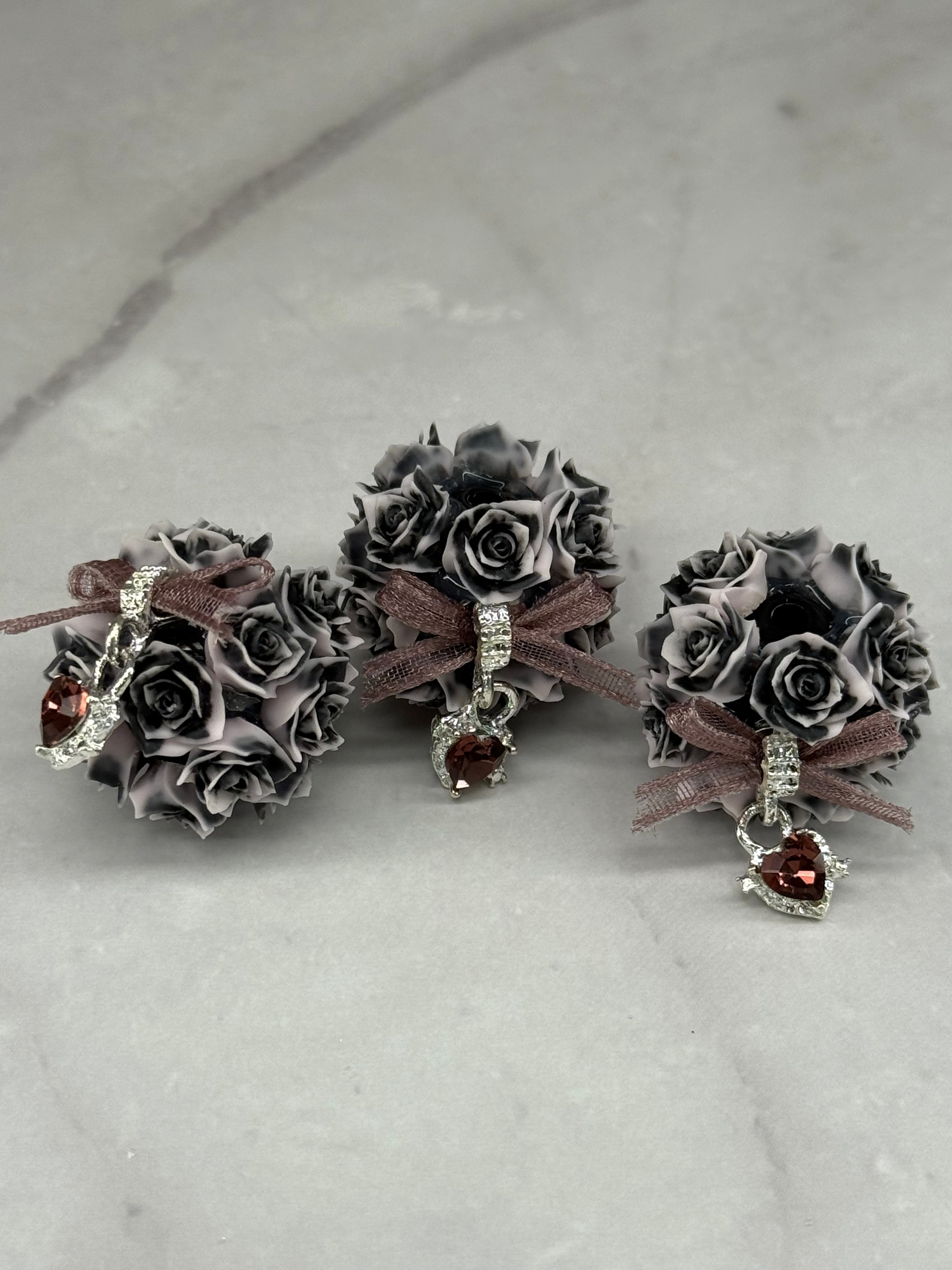 Fancy Rose Beads with Rhinestone Dangle Heart