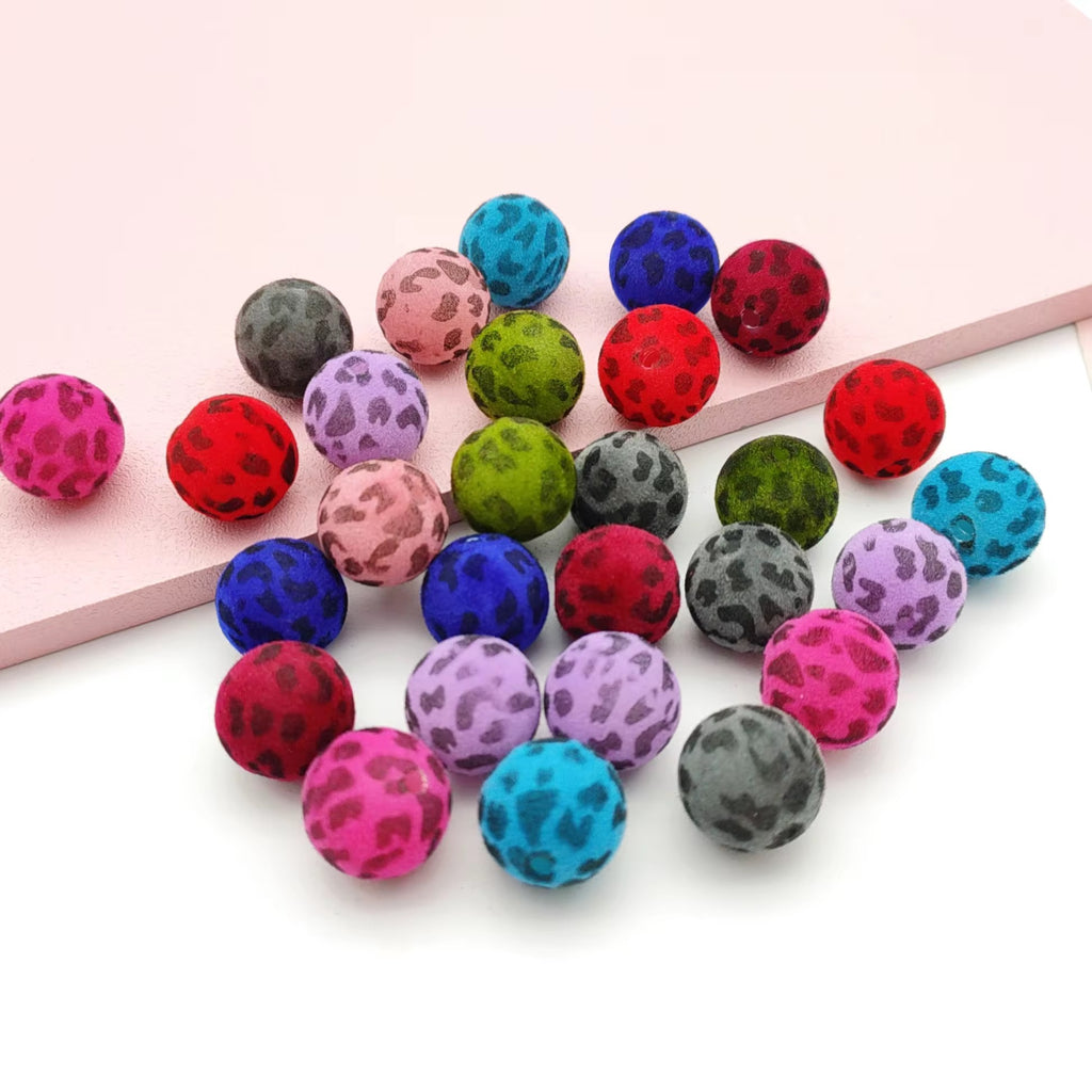 16mm Flocked Leopard Print Mix Beads (Bright Colors)-F24