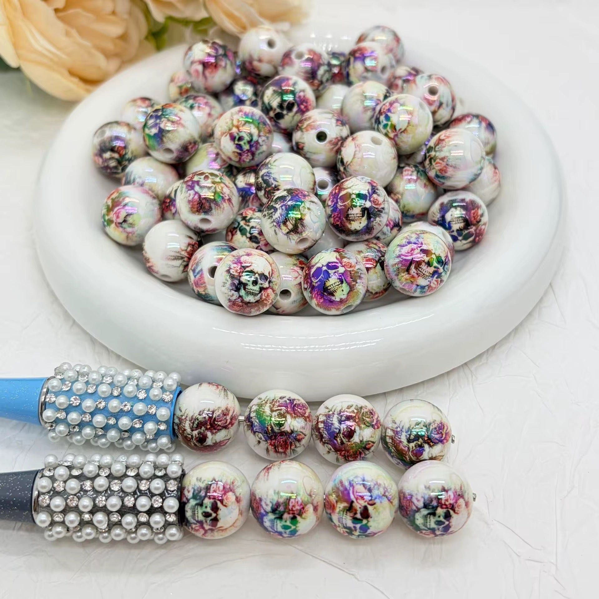 16mm Skullface and Roses Beads-H18