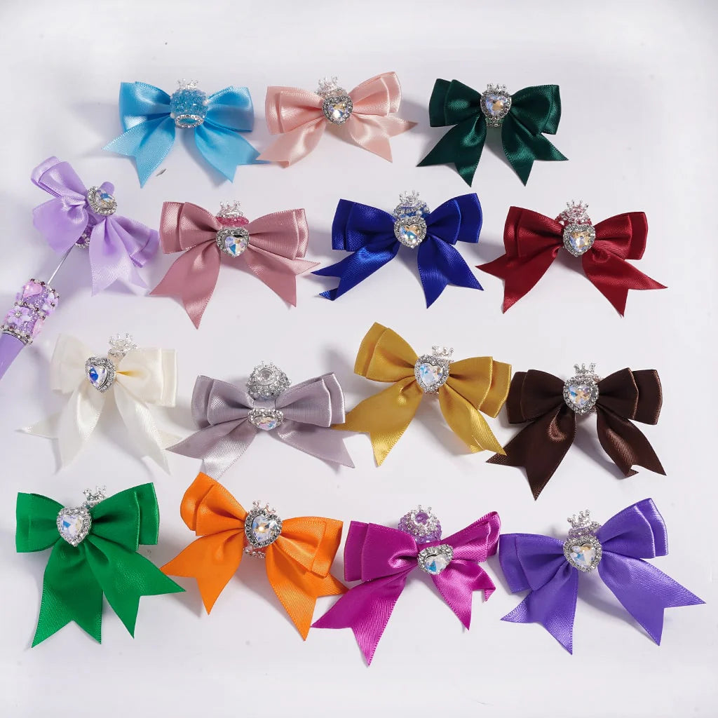 Large Fabric Bowtie with Heart Shape Shiny Rhinestones White Pearls Silver Alloy Crown Acrylic Beads