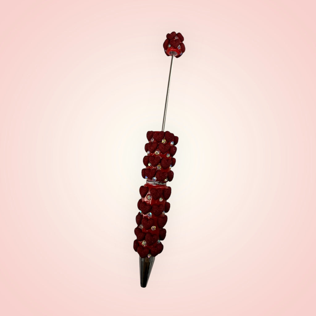 Beadable Clay Pen with Grainy Red Hearts & AB Rhinestones Valentine's Day Love Theme