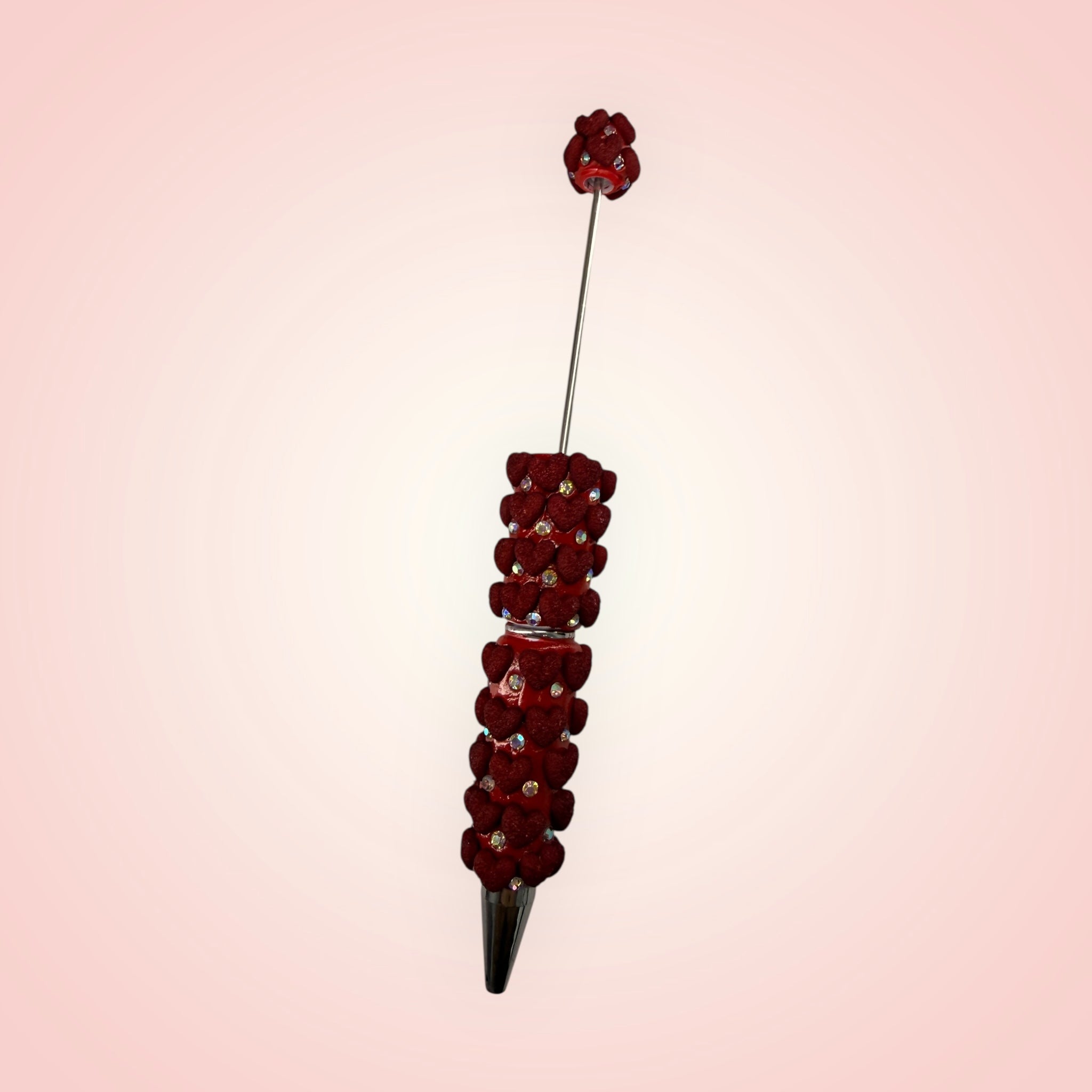 Beadable Clay Pen with Grainy Red Hearts & AB Rhinestones Valentine's Day Love Theme