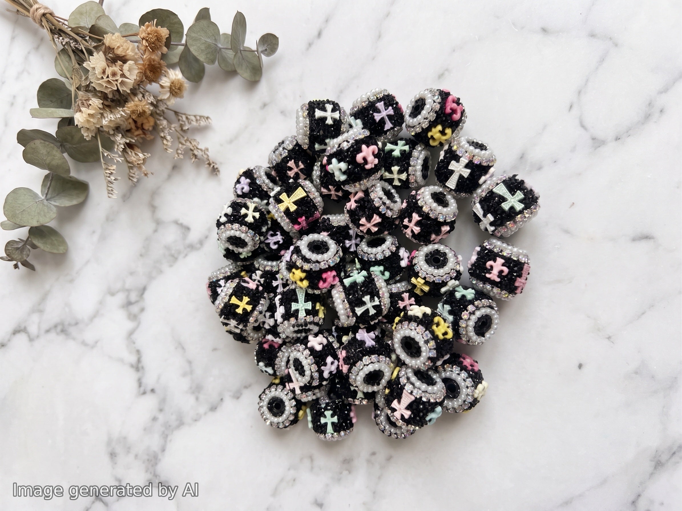 18mm Cross and Fleur de Lis and Black Rhinestone Sugar Beads (5pcs)