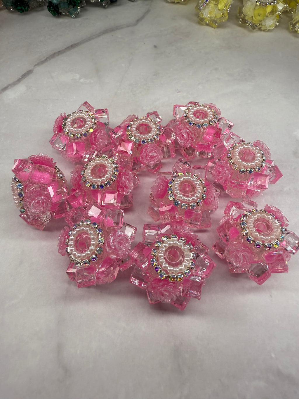 Crystal Cubes with Rhinestone and Flowers Beads