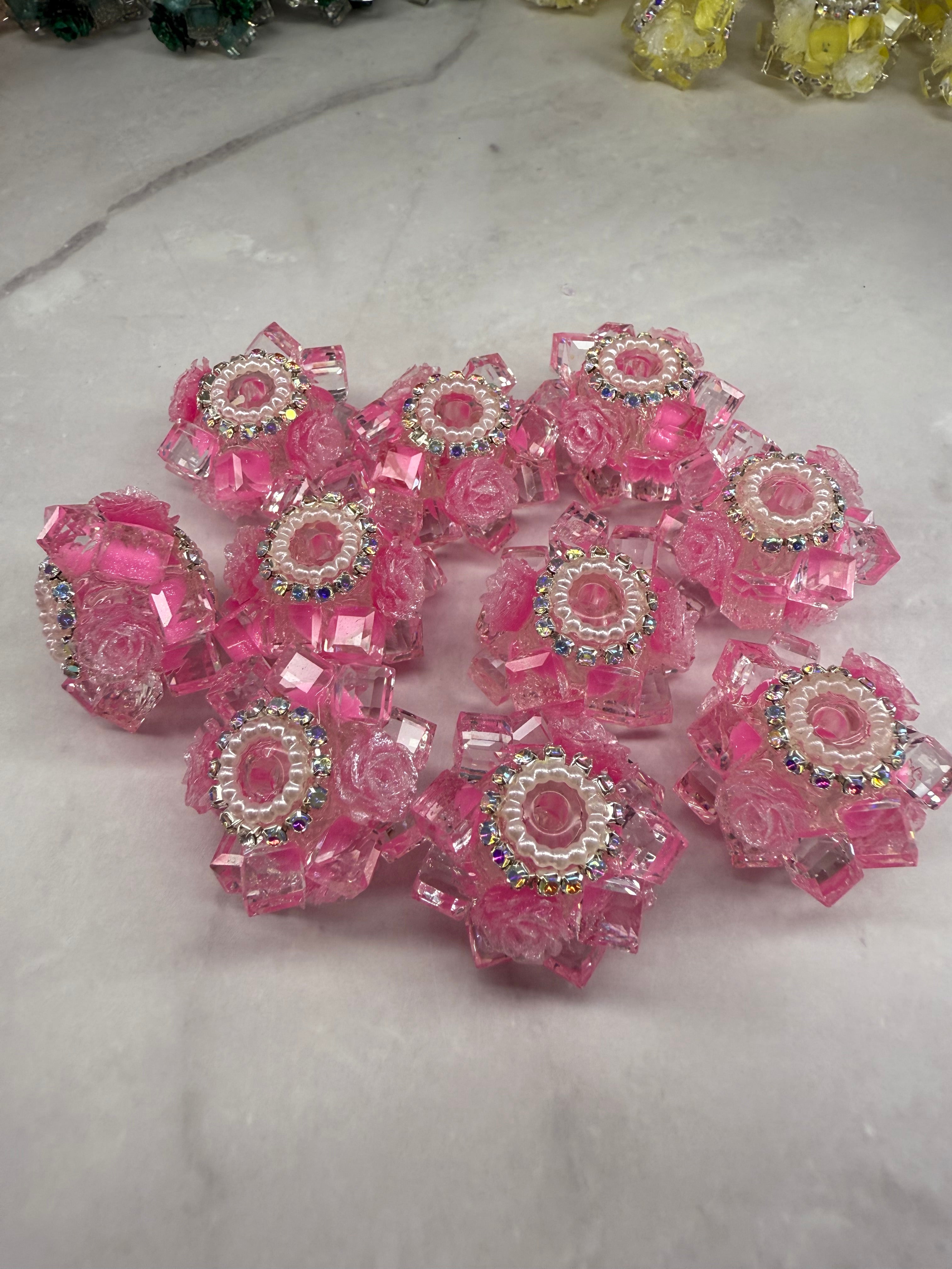 Crystal Cubes with Rhinestone and Flowers Beads