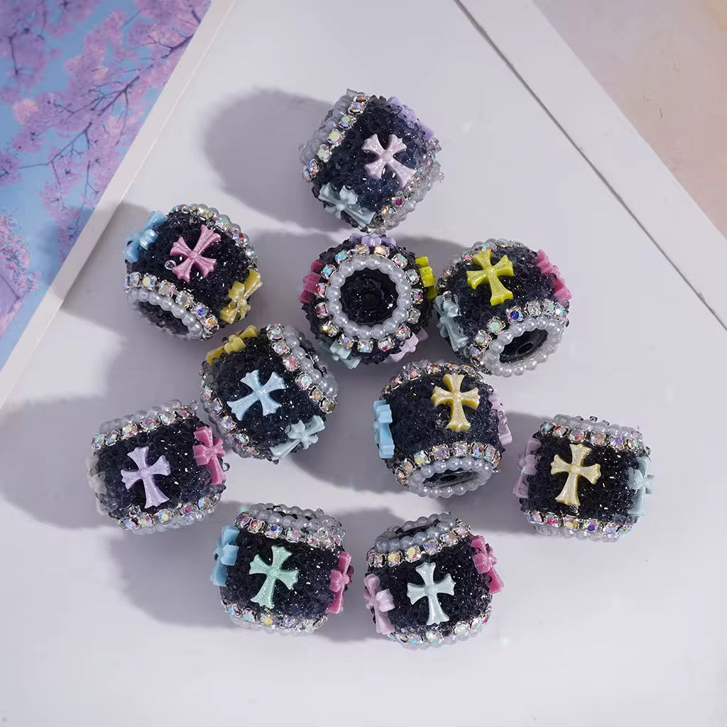 18mm Cross and Fleur de Lis and Black Rhinestone Sugar Beads (5pcs)