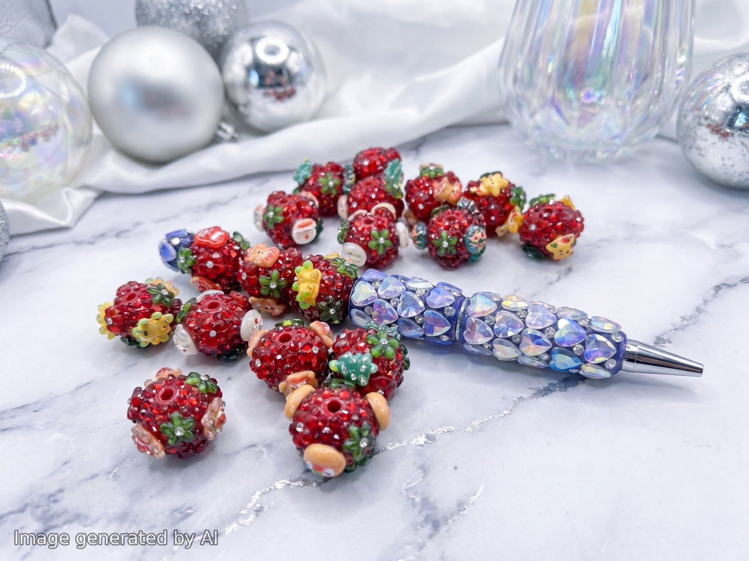 18mm  Red Rhinestone Christmas Fancy Beads (5pcs)