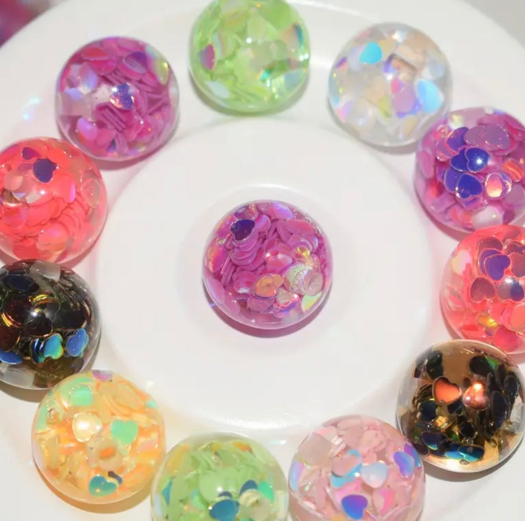 16mm UV Coating Multi-Color Shiny Heart Flakes Inside Round Acrylic Beads-A1