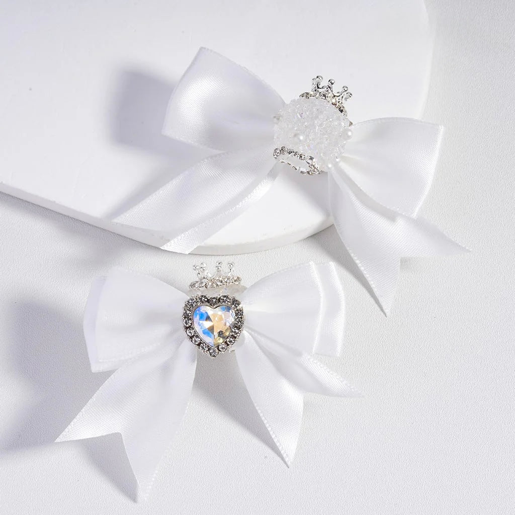 Large Fabric Bowtie with Heart Shape Shiny Rhinestones White Pearls Silver Alloy Crown Acrylic Beads