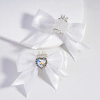 Large Fabric Bowtie with Heart Shape Shiny Rhinestones White Pearls Silver Alloy Crown Acrylic Beads