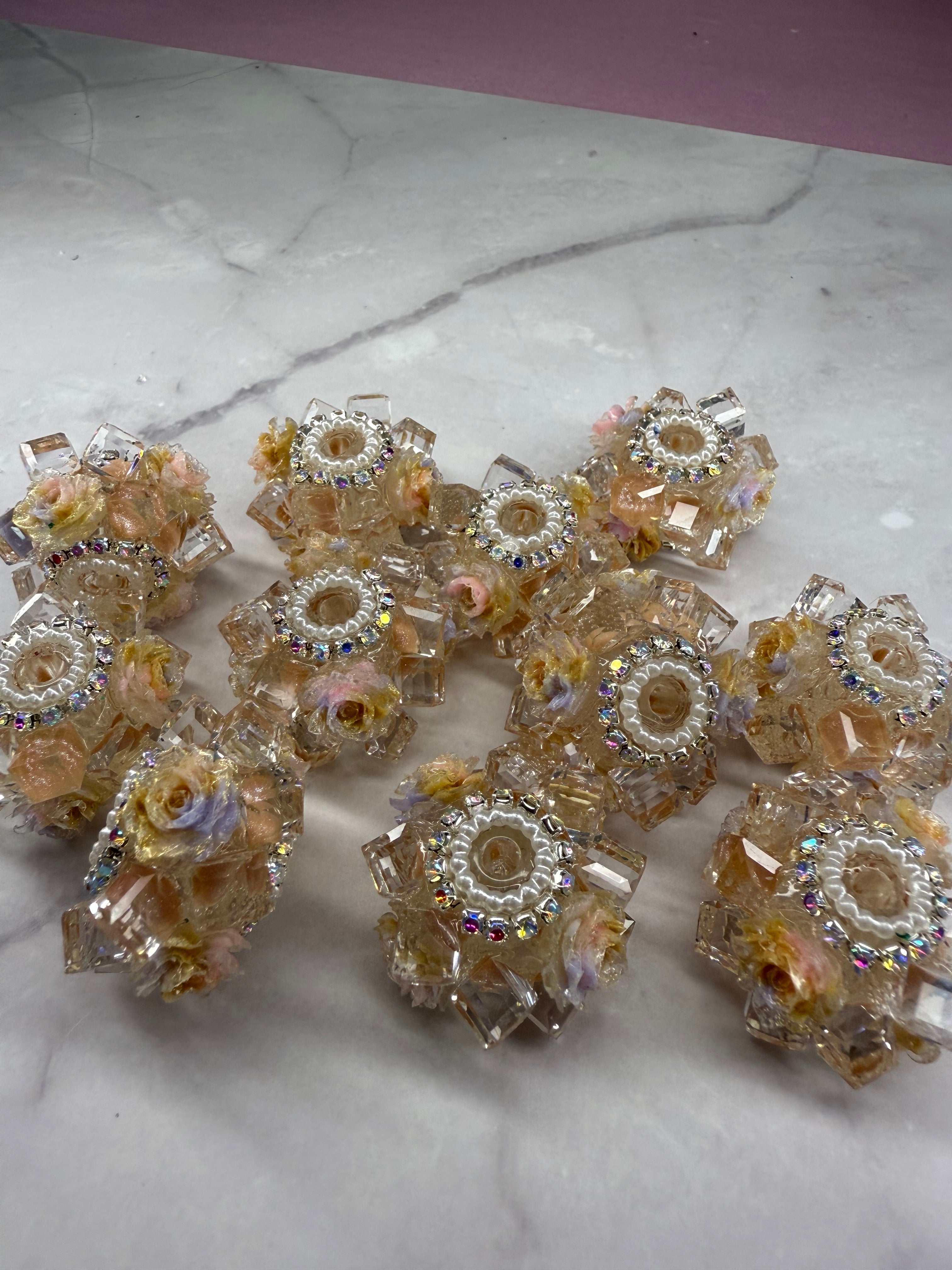 Crystal Cubes with Rhinestone and Flowers Beads