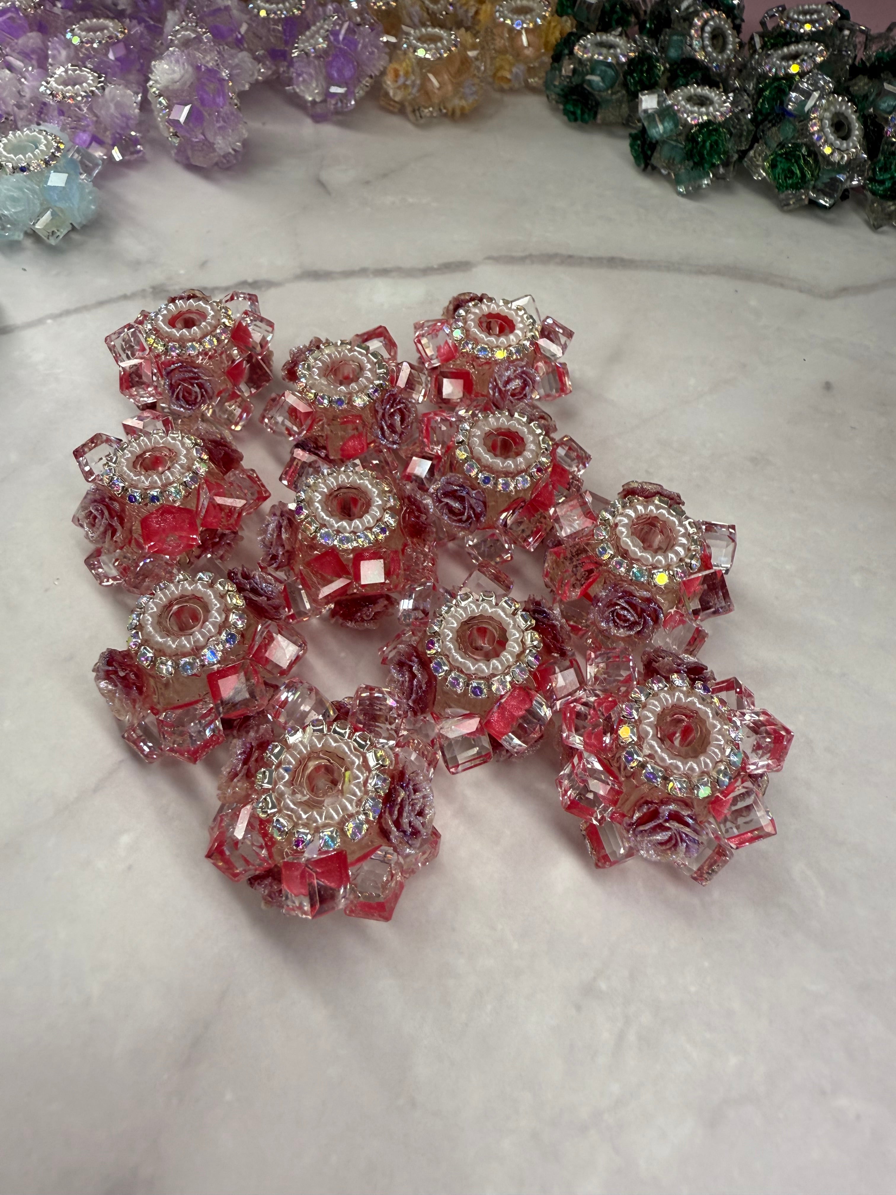 Crystal Cubes with Rhinestone and Flowers Beads