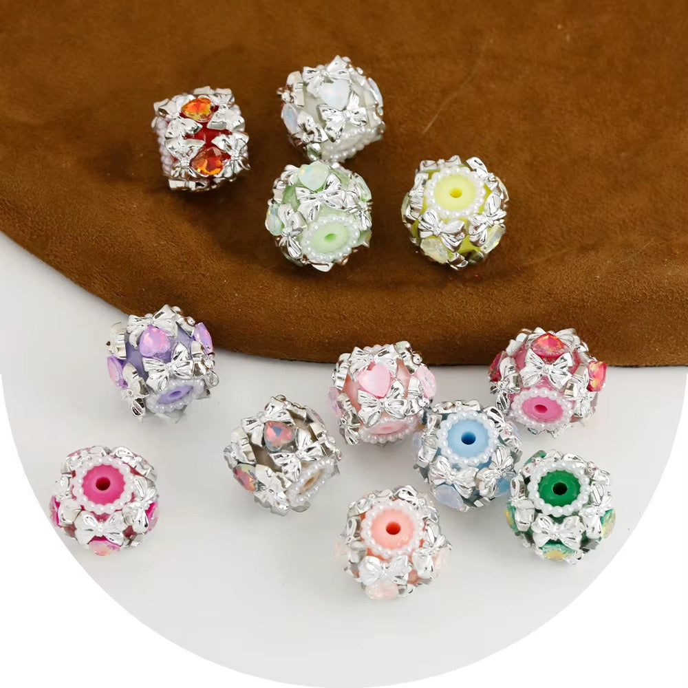 20mm  Rhinestone Heart and Silver Bow Fancy Beads (5pcs)