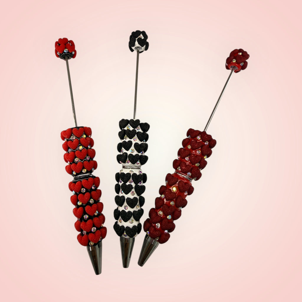Beadable Clay Pen with Grainy Red Hearts & AB Rhinestones Valentine's Day Love Theme