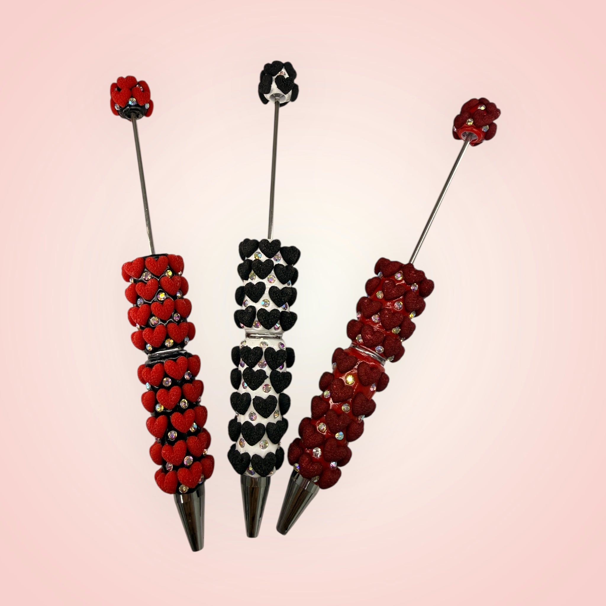 Beadable Clay Pen with Grainy Red Hearts & AB Rhinestones Valentine's Day Love Theme
