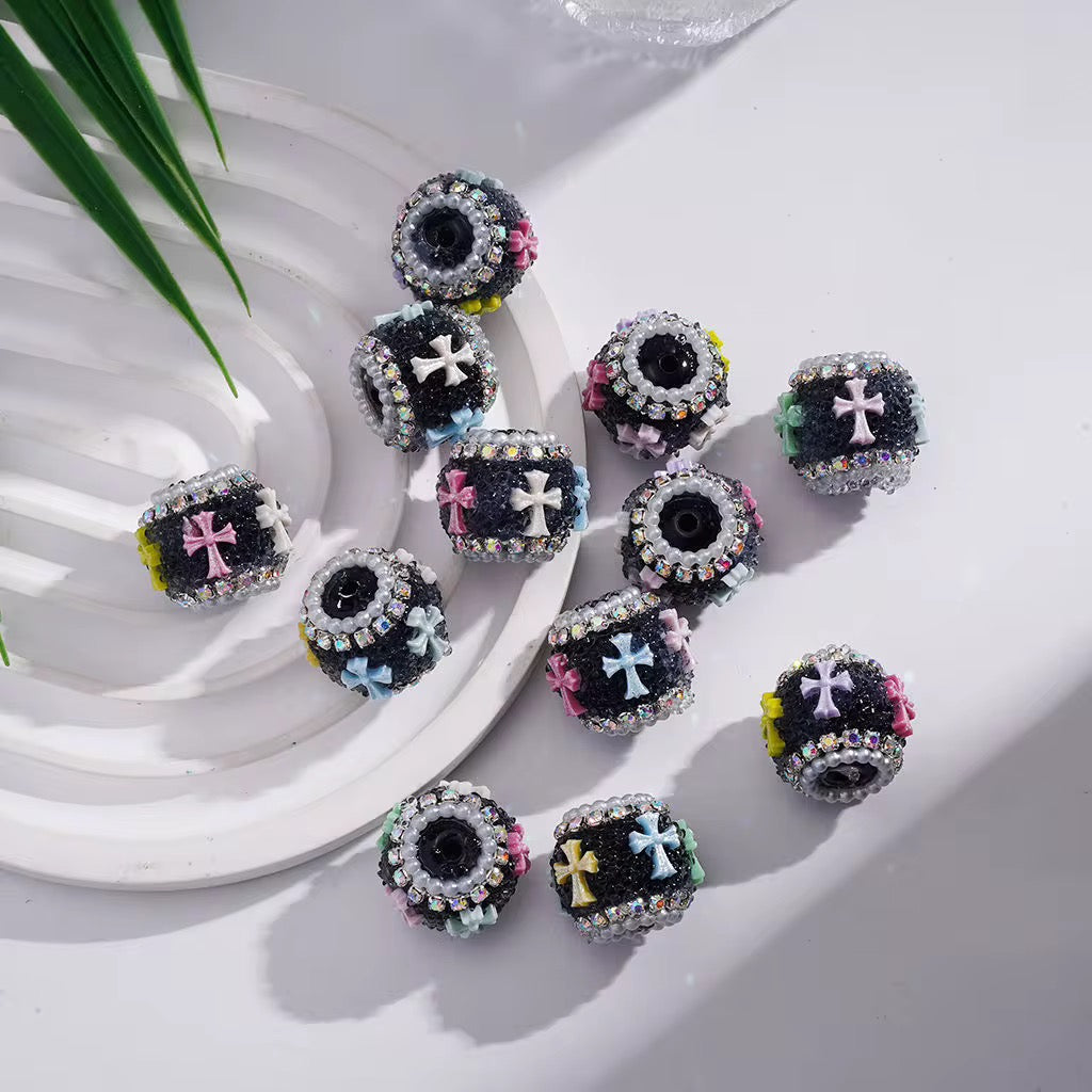 18mm Cross and Fleur de Lis and Black Rhinestone Sugar Beads (5pcs)