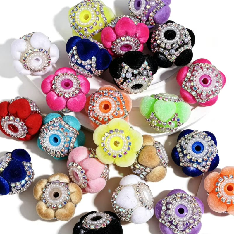 20mm  Flocked Heart and Rhinestone Fancy Beads (5pcs)