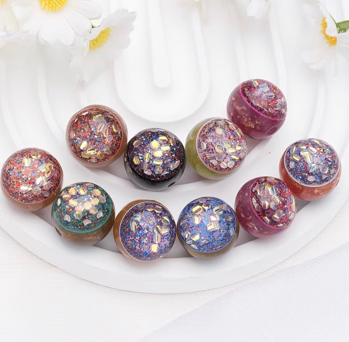 16mm Golden Line Glitter Embedded Round Beads