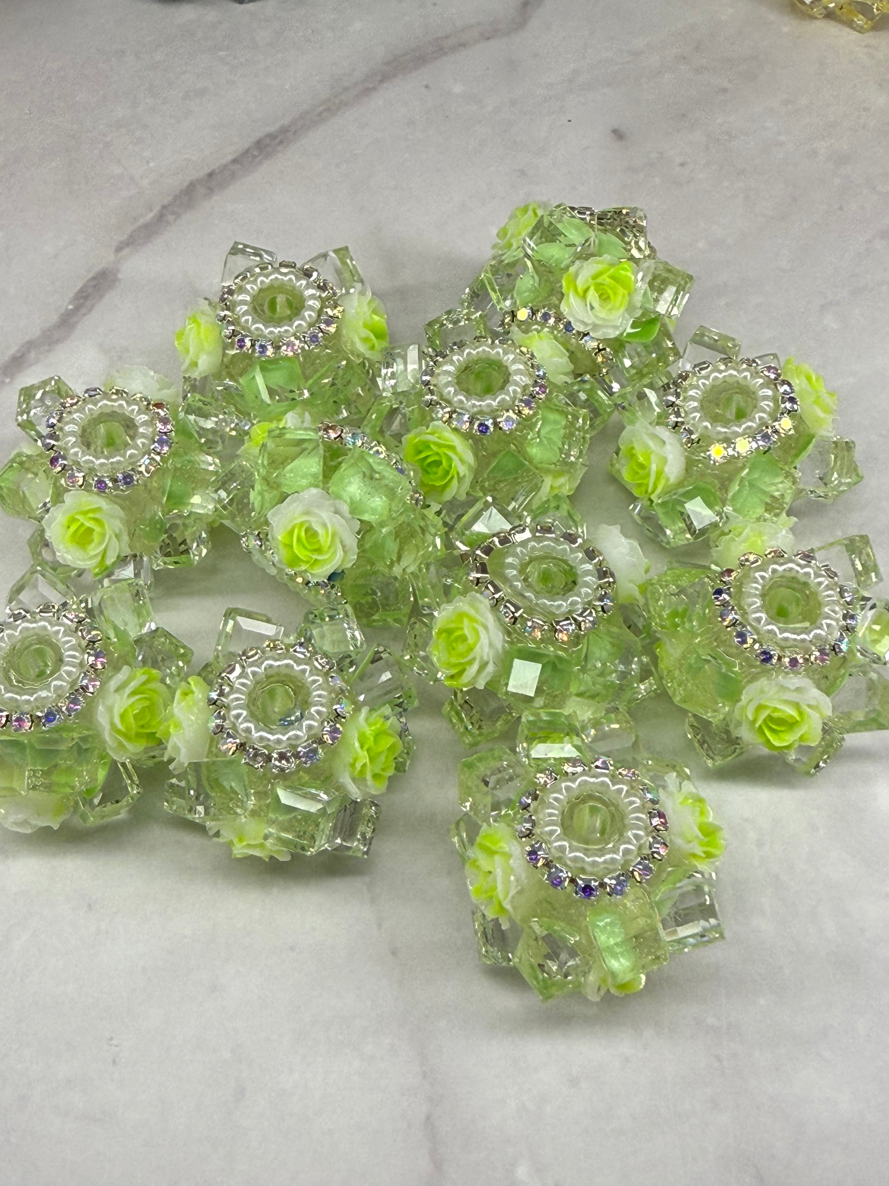 Crystal Cubes with Rhinestone and Flowers Beads