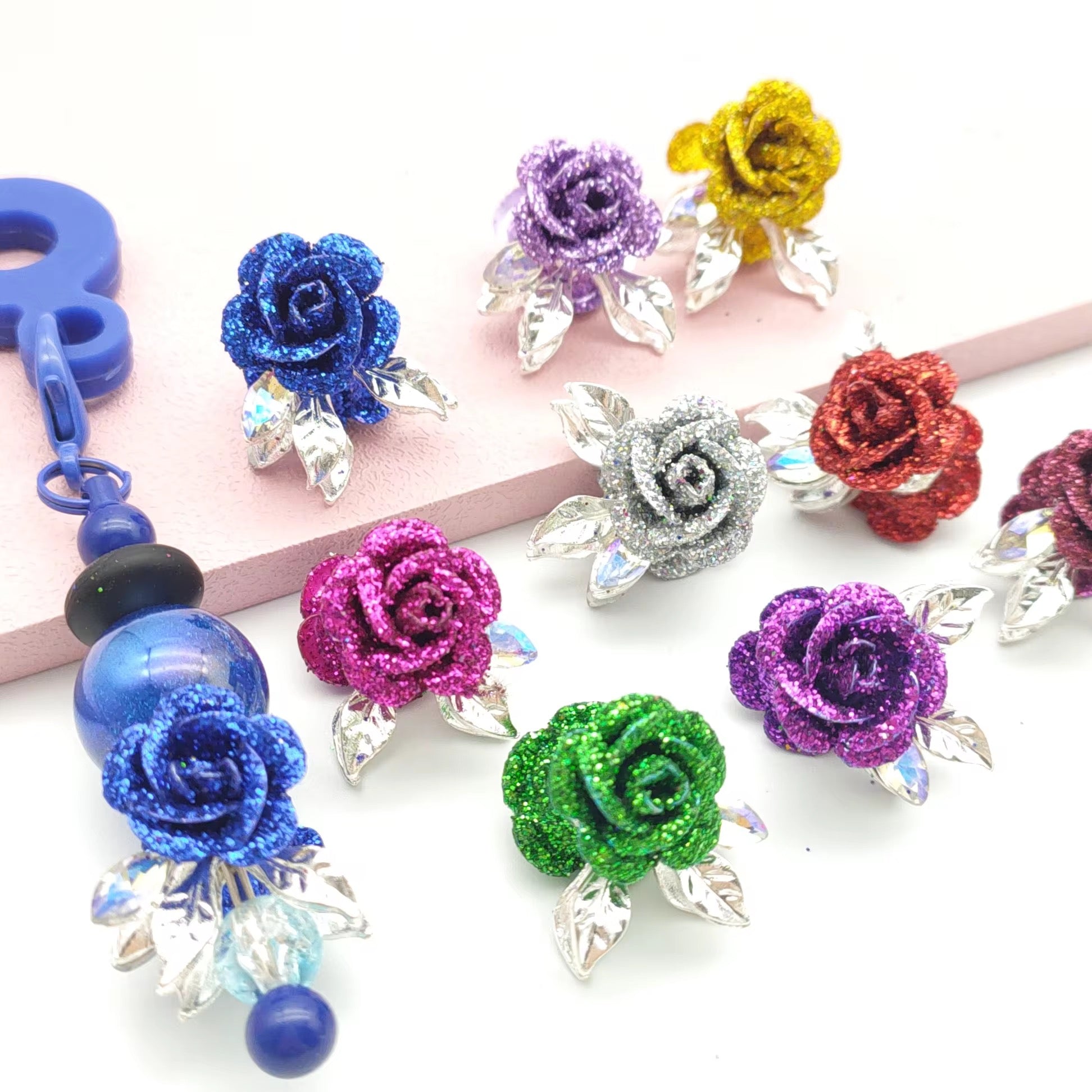Alloy Glitter Rose Beads (5 pcs)-U15