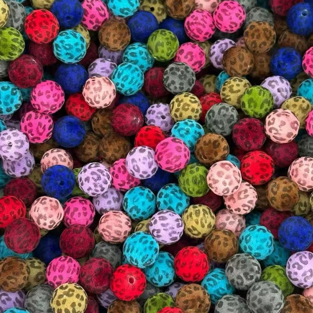 16mm Flocked Leopard Print Mix Beads (Bright Colors)-F24