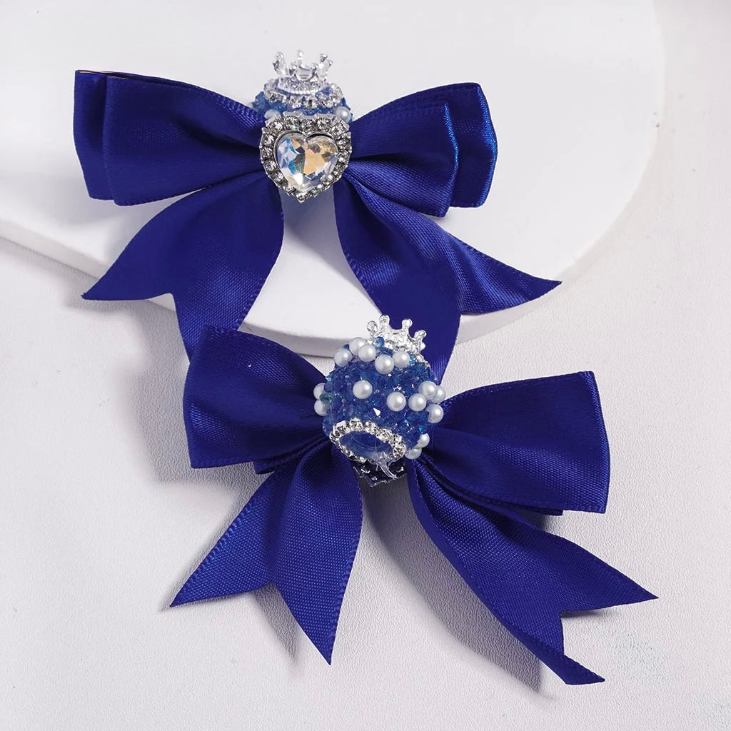 Large Fabric Bowtie with Heart Shape Shiny Rhinestones White Pearls Silver Alloy Crown Acrylic Beads