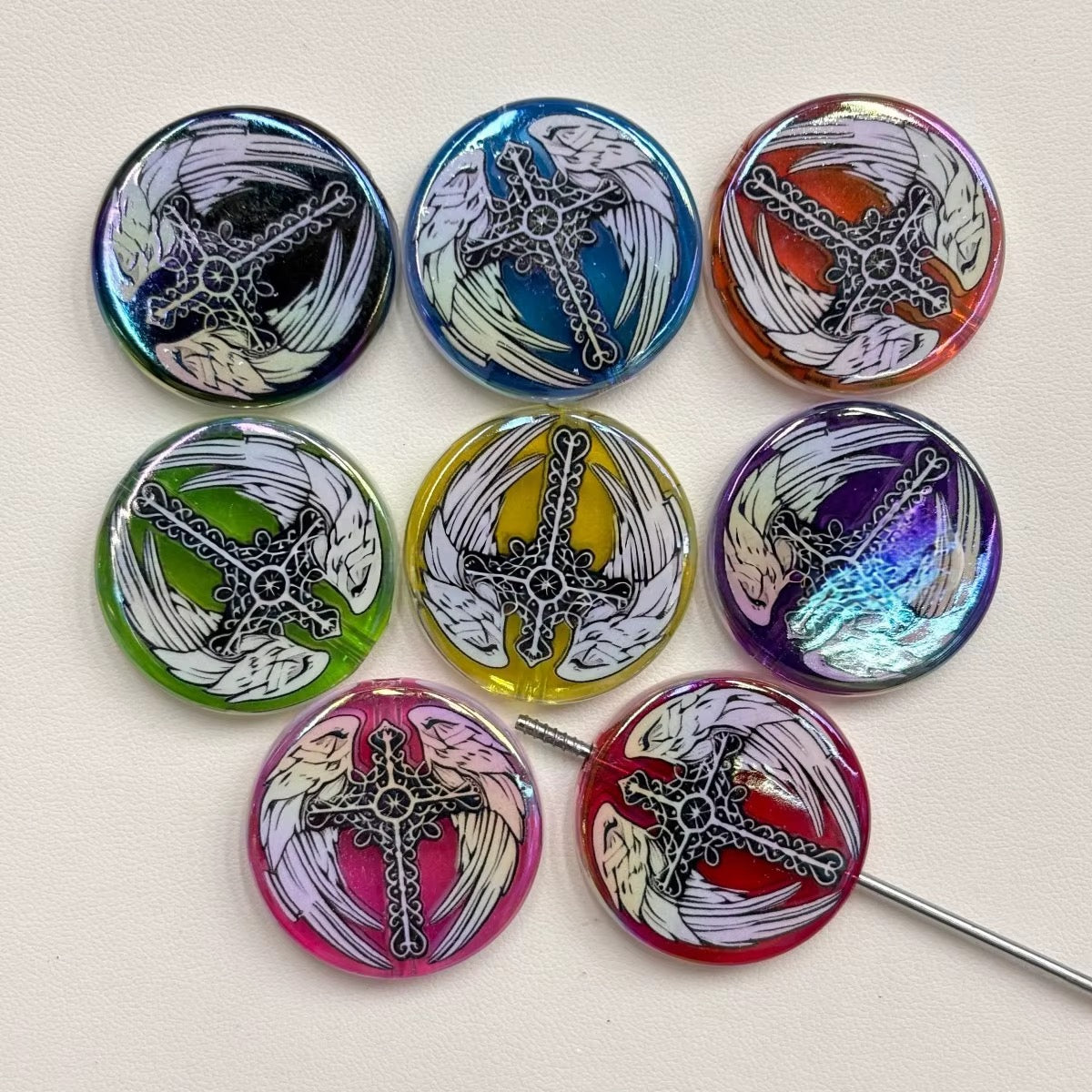 31mm Round Winged Cross Theme AB Beads-BB21