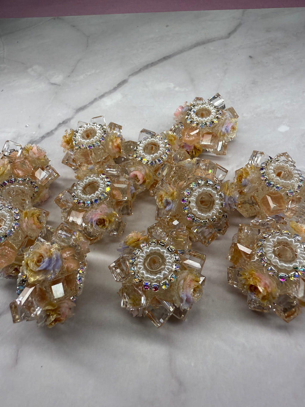 Crystal Cubes with Rhinestone and Flowers Beads