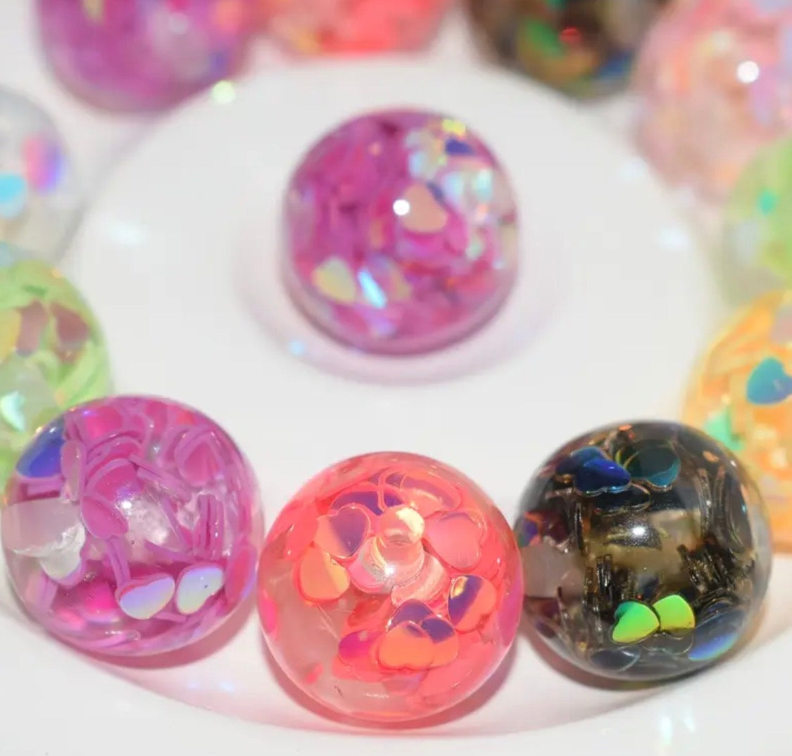 16mm UV Coating Multi-Color Shiny Heart Flakes Inside Round Acrylic Beads-A1