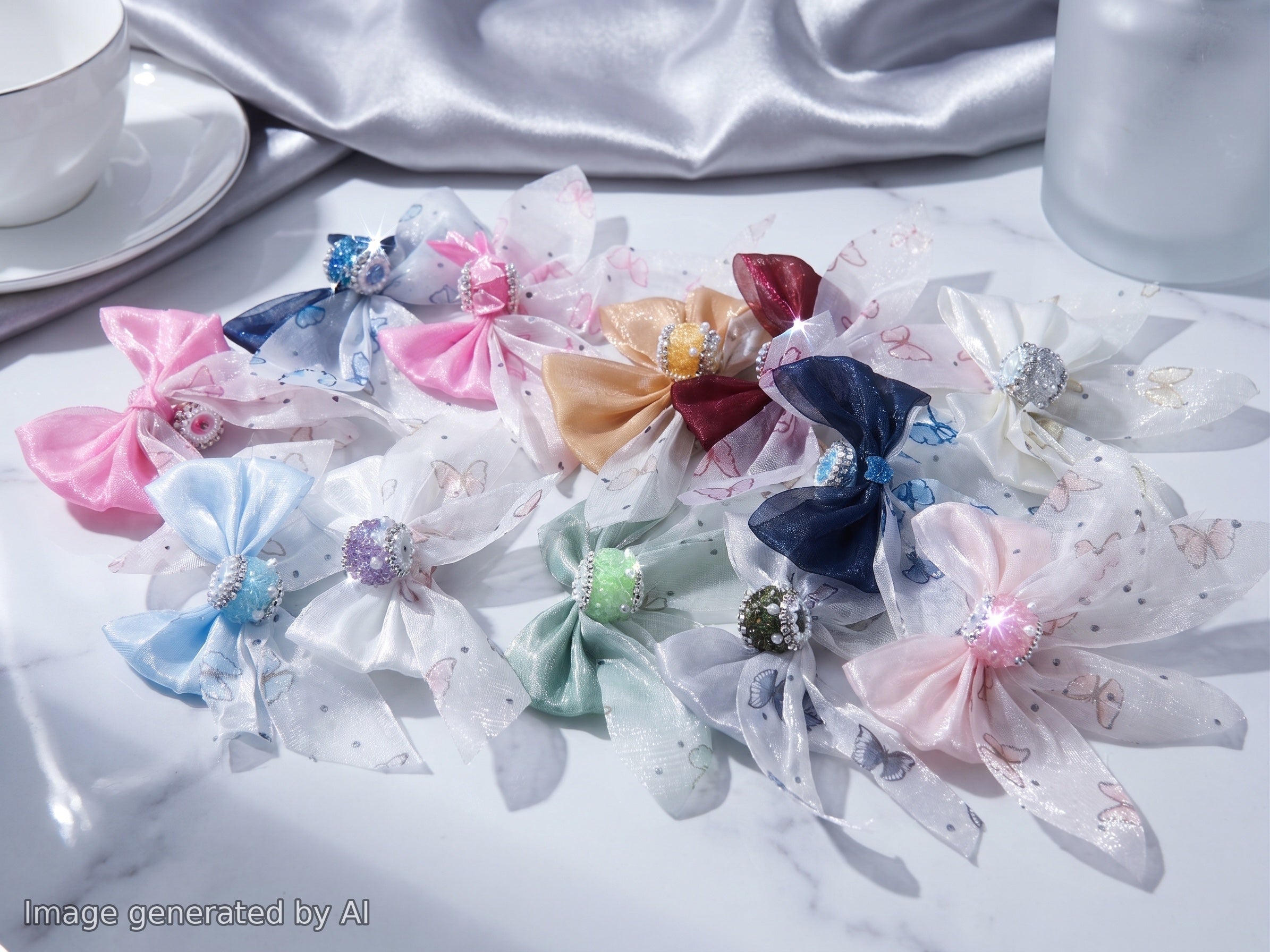 Large Fabric Bowtie with Heart Shape Shiny Rhinestones White Pearls Acrylic Beads